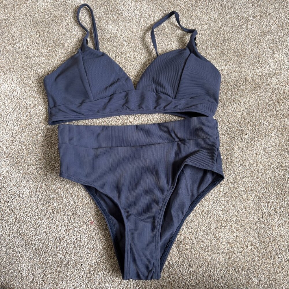 Navy Blue Ribbed Bikini Set Size M - Picture 1 of 12